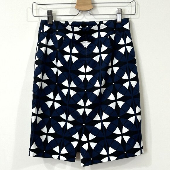 ANN TAYLOR Petite Pencil Skirt 00P Blue White Black Geo Print Cotton Blend Lined - Picture 2 of 7